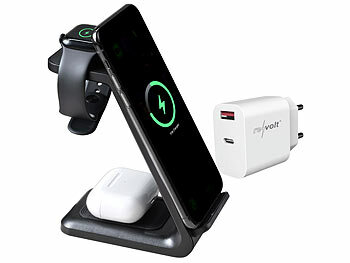 Callstel Tisch-Ladestationen: 3in1-Ladestation 20 W für iPhone, Apple Watch  & AirPods, mit Netzteil (Schnellladestation für Apple)
