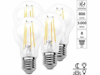 E27 Filament-Lampen: Luminea 4er-Set LED-Filamentlampen, Dämmerungssensor, E27, 8W, 806lm, warmweiß