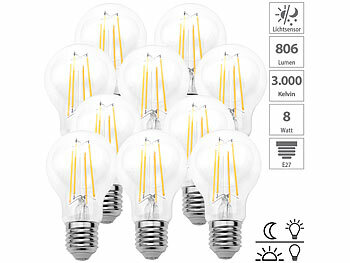 Filament Lampen E27: Luminea 10er-Set LED-Filamentlampen, Dämmerungssensor, E27, 8W, 806lm
