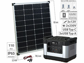 12V-Powerbank Camping: revolt Powerstation & Solar-Generator mit 110-W-Solarpanel, 1.120 Wh, 1.000 W