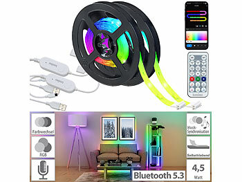 LED Stripe: Luminea Home Control 2er-Set USB-RGB-IC-LED-Streifen, Bluetooth, App, Fernbedienung, 2 m