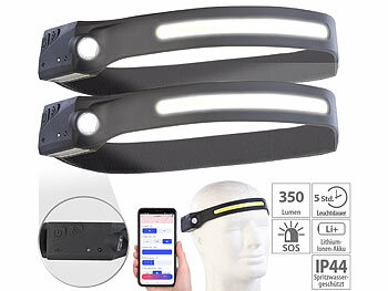 Stirnlampe USB: KryoLights 2er-Set Akku-Stirnlampen mit 2 Lichtquellen, 500 lm, SOS-Melder, App