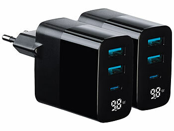 USB Schnell-Ladegerät: revolt 2er-Set 30W 3-Port-USB-Netzteile, USB-C & 2x Typ A, Display, PD