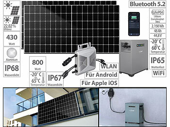 Insel Solaranlagen 230V: revolt 2,15-kWh-Akkuspeicher mit WLAN-Mikroinverter & 2x 430-W-Solarmodul