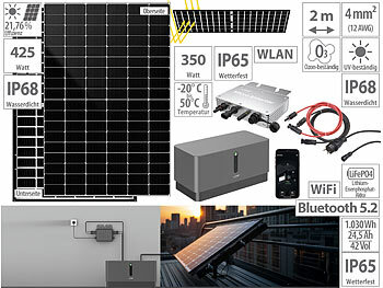 Solar Komplettpaket: revolt Solar-Set: WLAN-Mikroinverter mit 1,03-kWh-Akku & 425-W-Solarmodul