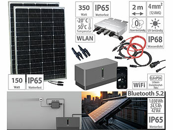Insel Solaranlage 230V: revolt Solar-Set: WLAN-Mikroinverter mit 1,03-kWh-Akku & 2x 150-W-Solarmodule