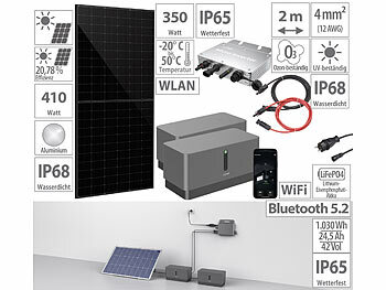 Solar Komplettpaket: revolt Solar-Set: WLAN-Mikroinverter mit 2x 1,03-kWh-Akku & 410-W-Solarmodul