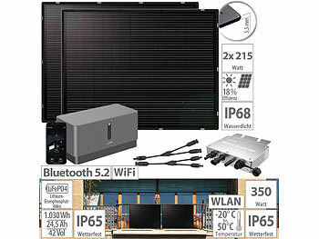 PV Anlagen mit Speicher: revolt Solar-Set: WLAN-Mikroinverter mit 1,03-kWh-Akku & 2x 215-W-Solarmodul