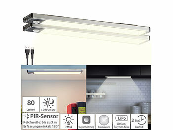 Lunartec 2er-Set Akku-LED-Lichtleiste, Licht-&Bewegungssensor, 2 Modi, warmweiß