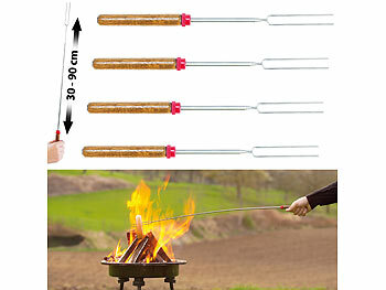 Grill-Stab: infactory 4er-Set Grillspieß & -Gabel mit Holzgriff, ausziehbar von 30 - 90 cm