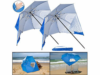 Strandsonnenschirm: infactory 2er-Set 2in1-Sonnenschirme und Strandmuschel, 2 Seitenwände, UV50+