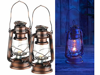 LED Laterne: Lunartec 2er-Set LED-Sturmleuchte im Öllampen-Design, Flammen-Imitation, bronze
