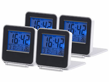 Wecker mit Timer: PEARL 4er-Set kompakte Digital-Reisewecker mit Thermometer, Kalender & Timer