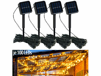 Kurze Solar Lichterkette: Lunartec 4er-Set Solar-Lichterketten, 100 warmweiße LEDs, 8 Modi, 12 m, Sensor