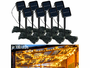 Solar Party Lichterkette: Lunartec 8er-Set Solar-Lichterketten, 100 warmweiße LEDs, 8 Modi, 12 m, Sensor