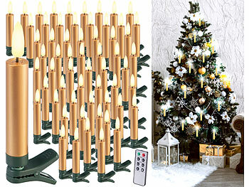 LED Baumkerzen kabellos: Lunartec 60er-Set LED-Weihnachtsbaumkerzen mit täuschend echter Flamme, gold