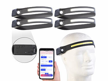 LED-Stirnlampe aufladbar: KryoLights 4er-Set smarte Akku-Stirnlampen mit 2 Lichtquellen, App, SOS-Melder 