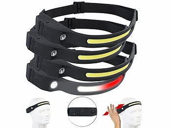 Stirnlampe Rotlicht: KryoLights 4er-Set Akku-Stirnlampen, 230°-Flutlicht, COB- & SMD-LED, 500 Lumen 