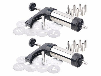 Gebäckpresse Profi: Rosenstein & Söhne 2er-Set Edelstahl-Gebäckpressen&Garnierspritzen mit 8 Schablonen&Tülle