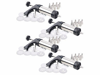 Metall Gebäckpresse: Rosenstein & Söhne 4er-Set Edelstahl-Gebäckpressen&Garnierspritzen mit 8 Schablonen&Tülle 